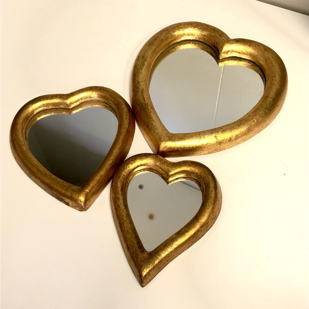 3 Vintage Hand Gilded with Similoro Heart Mirrors Made in Italy Felt Backs